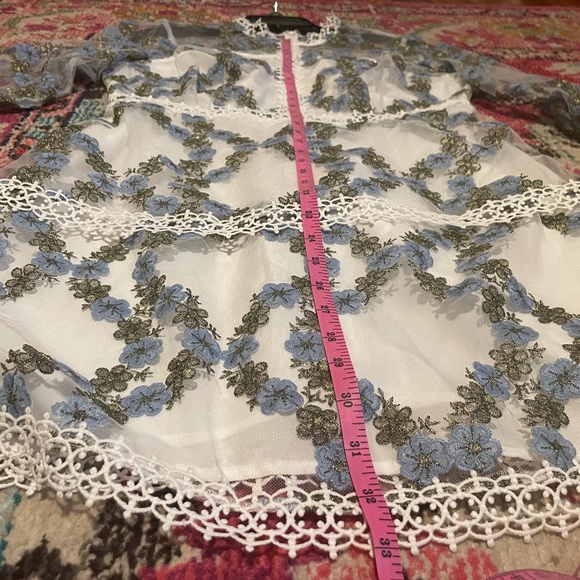 60s inspired white go go style dress with blue viney flowers. Sheer sleeves - Picture 5 of 8